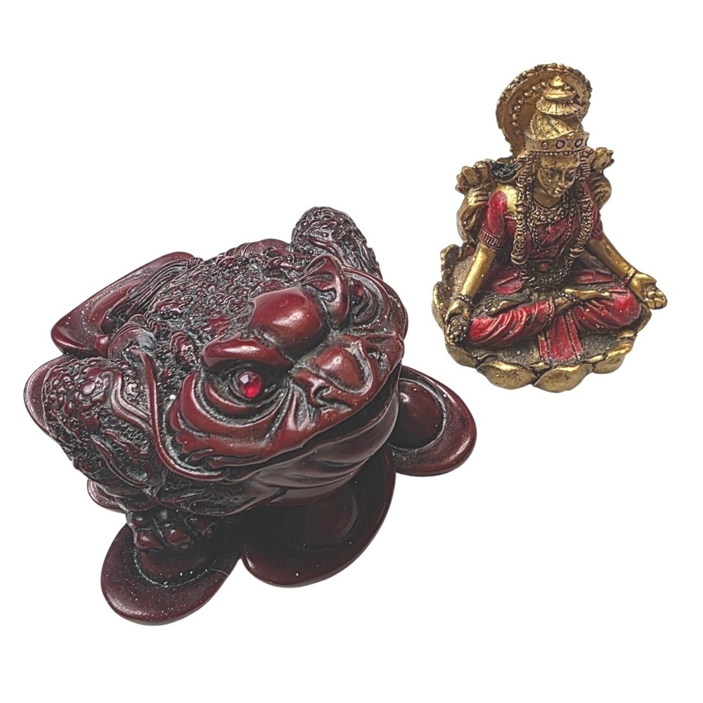 Feng Shui Red Resin Money Toad Frog and Lakshmi Goddess Figurine Set 2pc A6‎